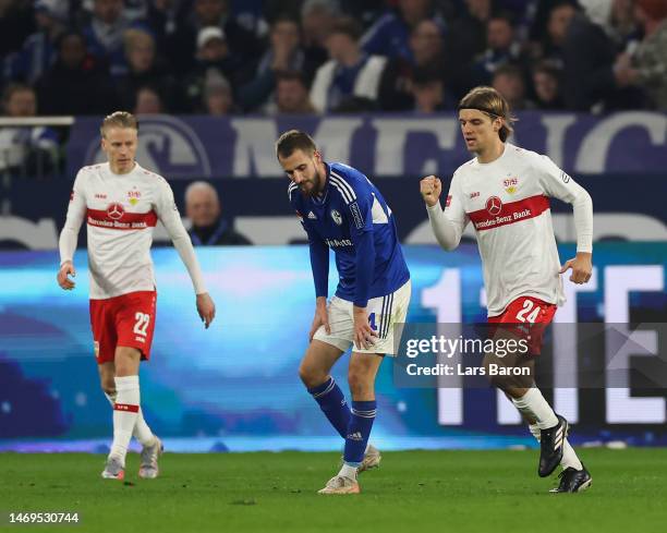 Borna Sosa of VfB Stuttgart celebrates after scoring the team's first goal during the Bundesliga match between FC Schalke 04 and VfB Stuttgart at...