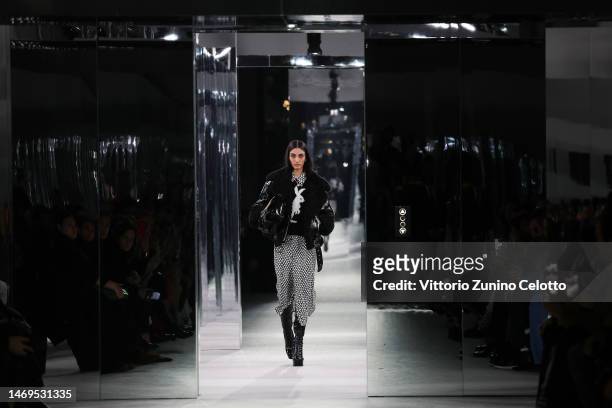 Model walks the runway at the Benetton fashion show during the Milan Fashion Week Womenswear Fall/Winter 2023/2024 on February 25, 2023 in Milan,...