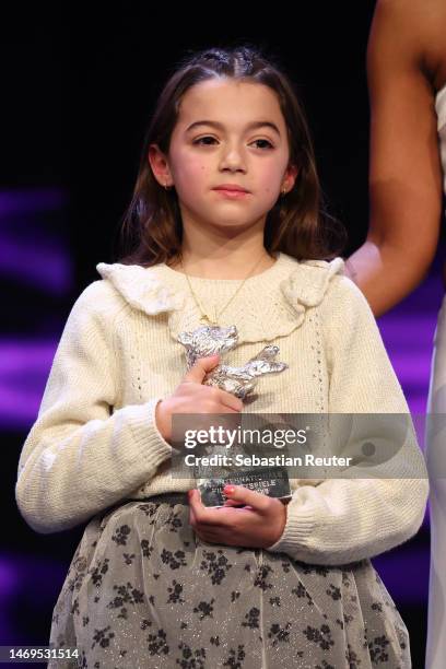 Sofia Otero speaks on stage after winning the Silver Bear for Best Leading Performance in the film "20.000 especies de abejas" by Estibaliz Urresola...