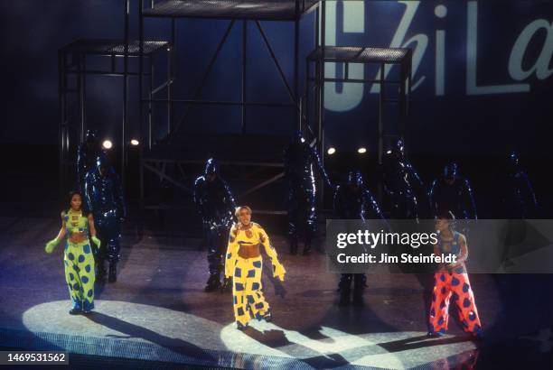 Girl group TLC perform at the 38th Grammy Awards at the Shrine Auditorium in Los Angeles, California on February 28, 1996.