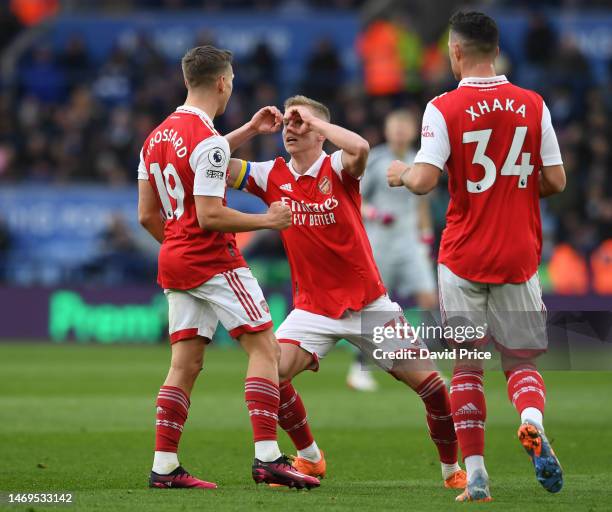 Leandro Trossard celebrates scoring a goal for Arsenal, with Oleksandr Zinchenko, that is ruled out by VAR during the Premier League match between...