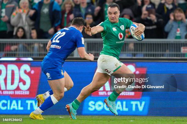 James Lowe of Ireland score a try during the Six Nations Rugby match between Italy and Ireland at Stadio Olimpico on February 25, 2023 in Rome, Italy.