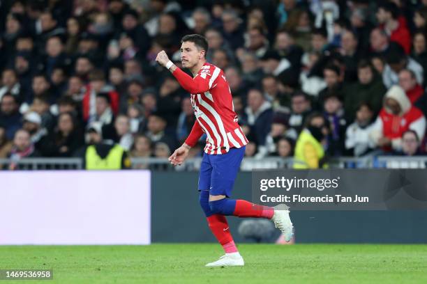 Jose Gimenez of Atletico Madrid celebrates after scoring the team's first goal during the LaLiga Santander match between Real Madrid CF and Atletico...