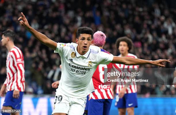 Alvaro Rodriguez of Real Madrid celebrates after scoring the team's first goal during the LaLiga Santander match between Real Madrid CF and Atletico...