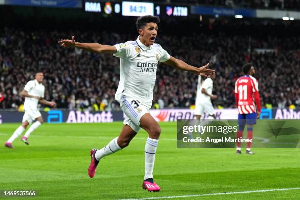 Alvaro Rodriguez of Real Madrid celebrates after scoring the team's first goal during the LaLiga Santander match between Real Madrid CF and Atletico...