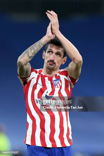 Stefan Savic of Atletico Madrid applauds their fans during the LaLiga Santander match between Real Madrid CF and Atletico de Madrid at Estadio...