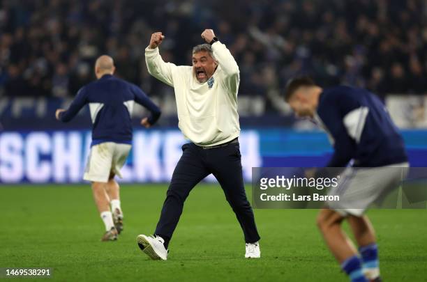 Thomas Reis, Head Coach of FC Schalke 04, celebrates after the Bundesliga match between FC Schalke 04 and VfB Stuttgart at Veltins-Arena on February...