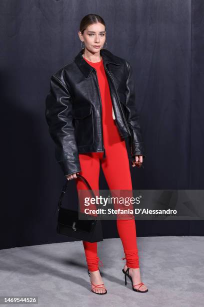 Chiara Capitani is seen on the front row of the Ferragamo fashion show during the Milan Fashion Week Womenswear Fall/Winter 2023/2024 on February 25,...