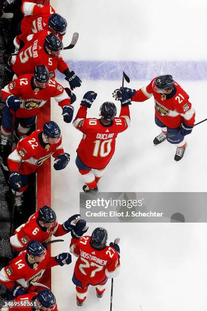 Anthony Duclair of the Florida Panthers celebrates an assist with teammates against the Buffalo Sabres at the FLA Live Arena on February 24, 2023 in...