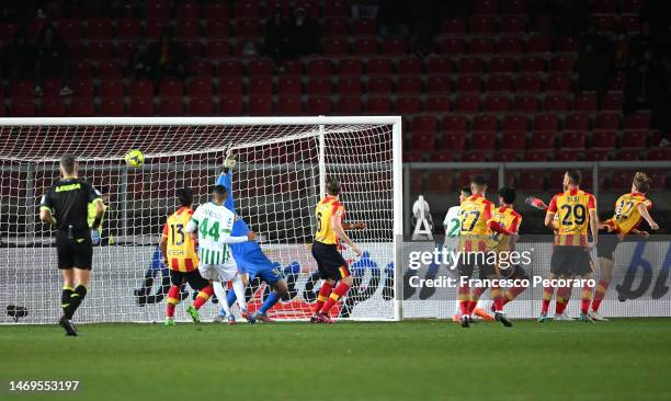 Kristian Thorstvedt of US Sassuolo scores the team's first goal as Wladimiro Falcone of US Lecce attempts to make a save during the Serie A match...