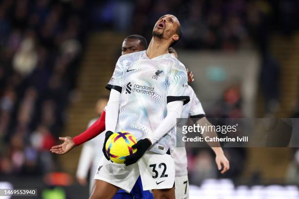 Joel Matip of Liverpool reacts during the Premier League match between Crystal Palace and Liverpool FC at Selhurst Park on February 25, 2023 in...