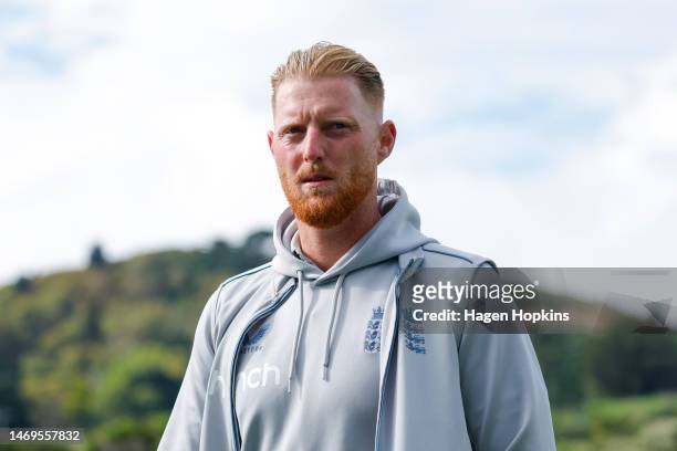 Ben Stokes of England looks on looks on during day three of the Second Test Match between New Zealand and England at Basin Reserve on February 26,...