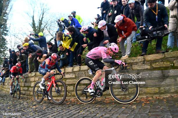 Owain Doull of United Kingdom and Team EF Education – Easypost competes at the Muur Van Geraardsbergen - Kapellenberg while fans cheer during the...