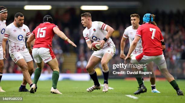 Freddie Steward of England runs with the ball during the Six Nations Rugby match between Wales and England at the Principality Stadium on February...