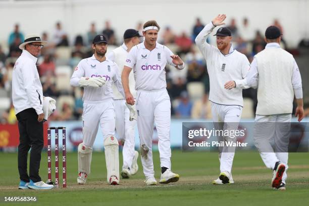 Stuart Broad of England celebrates his wicket of Tom Blundell of New Zealand during day three of the Second Test Match between New Zealand and...