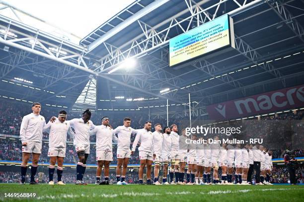 General view as players of England line up during the National Anthems, as the LED Screen displays a message in support of Ukraine, prior to the Six...