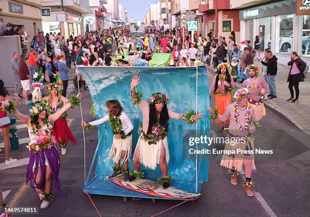 Several people in costume during the Gran Cabalgata del Carnaval del Puerto de Rosario , on 25 February, 2023 in Fuerteventura, Canary Islands,...