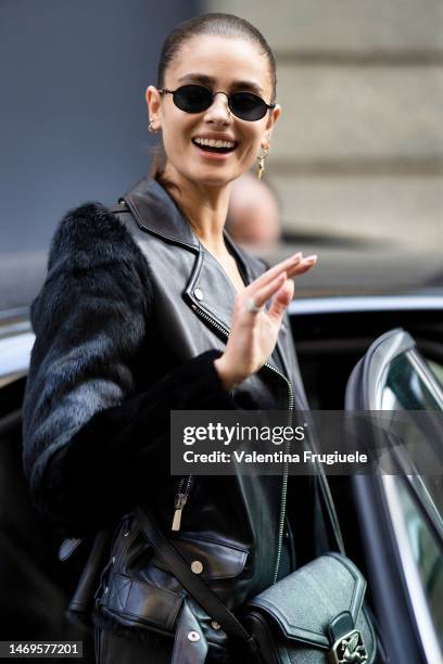 Model Taylor Hill is seen outside the Ferrari show during the Milan Fashion Week Womenswear Fall/Winter 2023/2024 on February 25, 2023 in Milan,...