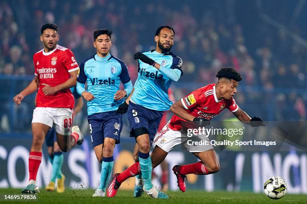 Anderson de Jesus Santos of FC Vizela competes for the ball with David Neres of SL Benfica during the Liga Portugal Bwin match between FC Vizela and...