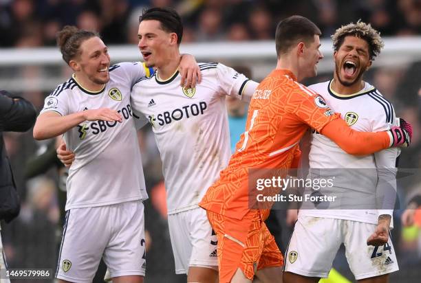 Leeds player Georginio Rutter and goalkeeper illan Meslier celebrate after the Premier League match between Leeds United and Southampton FC at Elland...