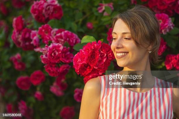 blonde woman in dress on background of rose bush. garden. summer background - may in the summer stock pictures, royalty-free photos & images