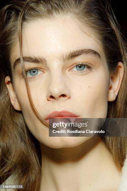 Model poses backstage at the Ermanno Scervino fashion show during the Milan Fashion Week Womenswear Fall/Winter 2023/2024 on February 25, 2023 in...