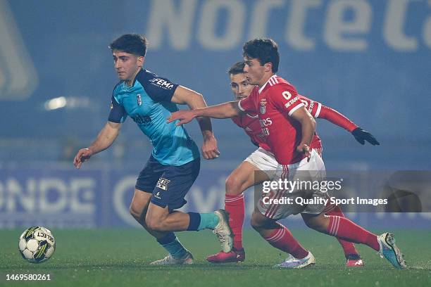 Joao Neves and Alejandro Grimaldo of SL Benfica compete for the ball with Martin Lacava of FC Vizela during the Liga Portugal Bwin match between FC...