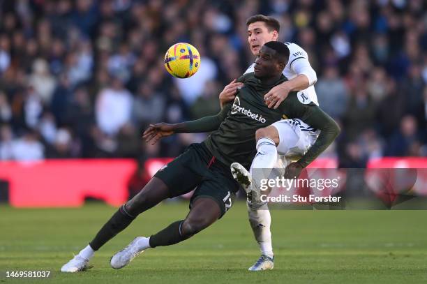 Leeds player Max Wober challenges Southampton player Paul Onuachu during the Premier League match between Leeds United and Southampton FC at Elland...