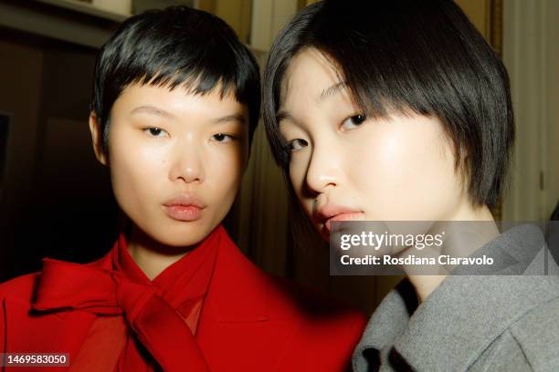 Models pose backstage at the Ermanno Scervino fashion show during the Milan Fashion Week Womenswear Fall/Winter 2023/2024 on February 25, 2023 in...