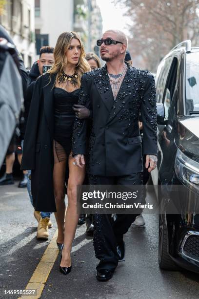 Couple Valentina Ferrer & J. Balvin outside Dolce & Gabbana during the Milan Fashion Week Womenswear Fall/Winter 2023/2024 on February 25, 2023 in...