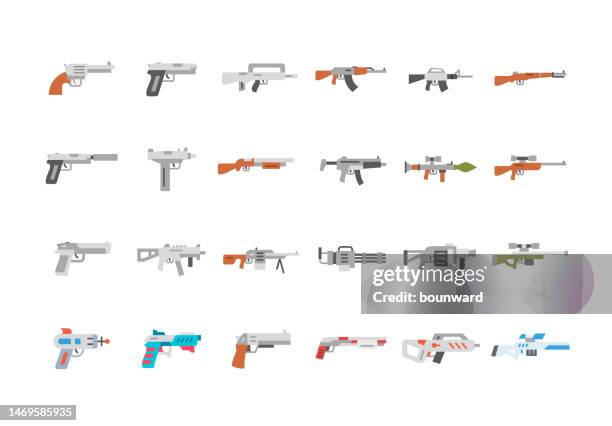 ilustraciones, imágenes clip art, dibujos animados e iconos de stock de conjunto de iconos de armas. diseño plano. - carabina