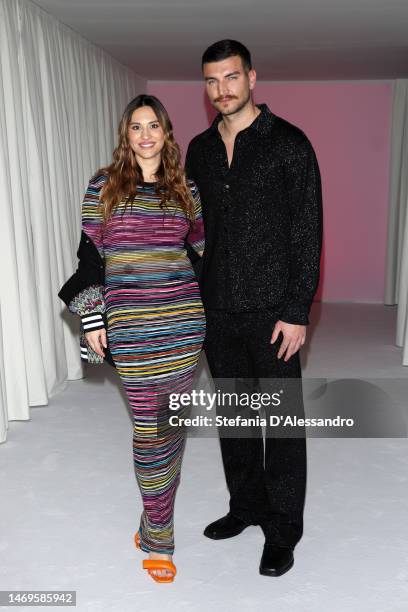 Beatrice Valli and Marco Santini are seen on the front row of the Ferragamo fashion show during the Milan Fashion Week Womenswear Fall/Winter...