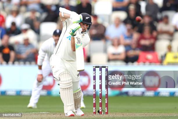 Tom Latham of New Zealand bats during day three of the Second Test Match between New Zealand and England at Basin Reserve on February 26, 2023 in...