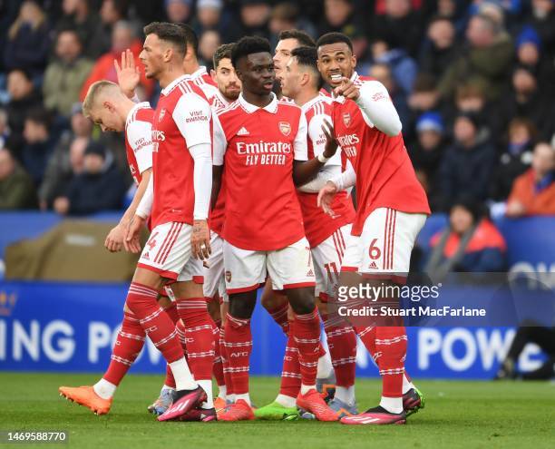 Bukayo Saka and Gabriel of Arsenal during the Premier League match between Leicester City and Arsenal FC at The King Power Stadium on February 25,...
