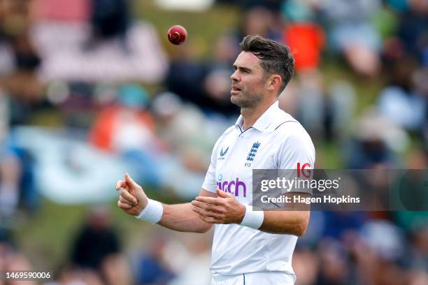 James Anderson of England prepares to bowl during day three of the Second Test Match between New Zealand and England at Basin Reserve on February 26,...