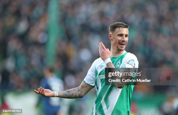 Marco Friedl of Werder Bremen gestures during the Bundesliga match between SV Werder Bremen and VfL Bochum 1848 at Wohninvest Weserstadion on...