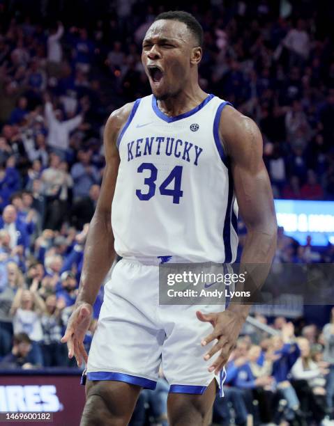 Oscar Tshiebwe of the Kentucky Wildcats celebrates in the 86-54 win against the Auburn Tigers at Rupp Arena on February 25, 2023 in Lexington,...