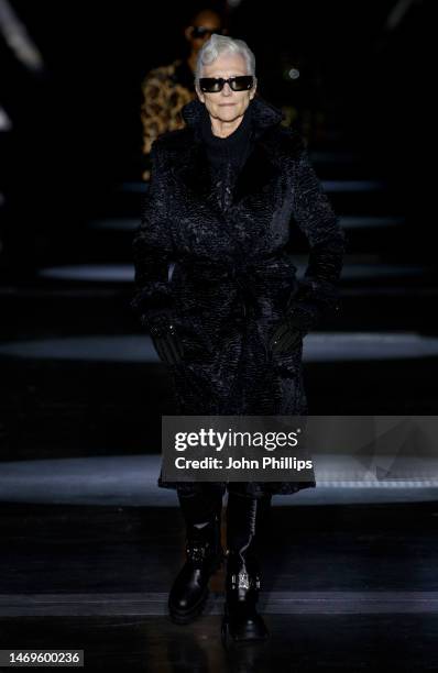 Maye Musk walks the runway at the Philipp Plein show during the Milan Fashion Week Womenswear Fall/Winter 2023/2024 on February 25, 2023 in Milan,...