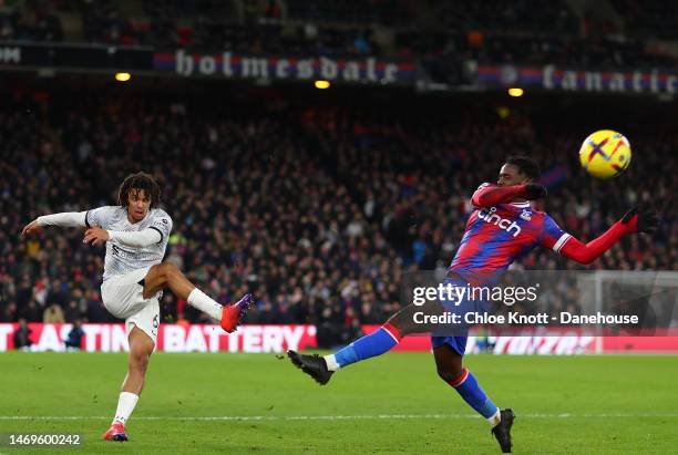 Trent Alexander-Arnold of Liverpool passes the ball during the Premier League match between Crystal Palace and Liverpool FC at Selhurst Park on...