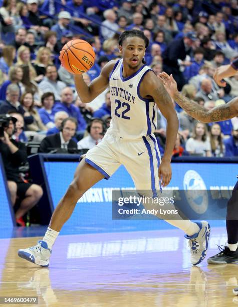 Cason Wallace of the Kentucky Wildcats against the Auburn Tigers at Rupp Arena on February 25, 2023 in Lexington, Kentucky.