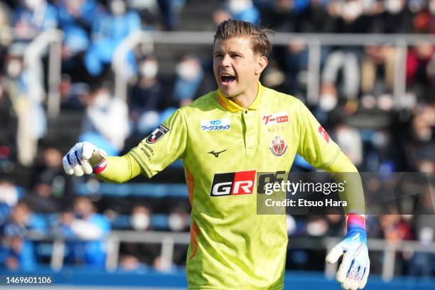 Mitcell Langerak of Nagoya Grampus in action during the J.LEAGUE Meiji Yasuda J1 1st Sec. Match between Yokohama FC and Nagoya Grampus at NHK Spring...