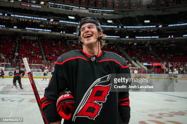 Andrei Svechnikov of the Carolina Hurricanes warms up prior to a game against the Anaheim Ducks at PNC Arena on February 25, 2023 in Raleigh, North...