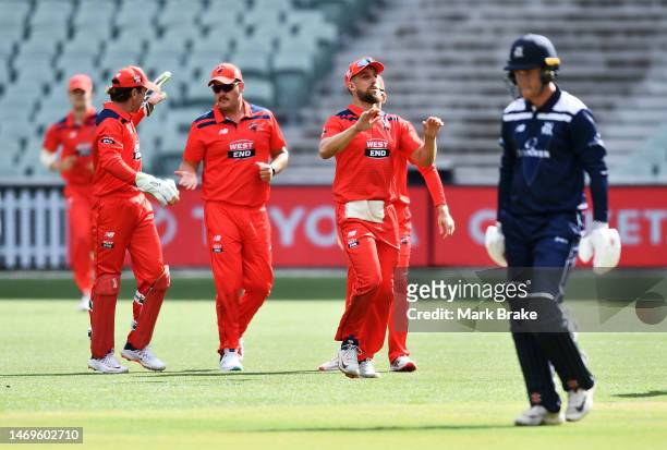 Tom Rogers of the Bushrangers leaves the ground after getting out to Spencer Johnson of the Redbacks during the Marsh One Day Cup match between South...
