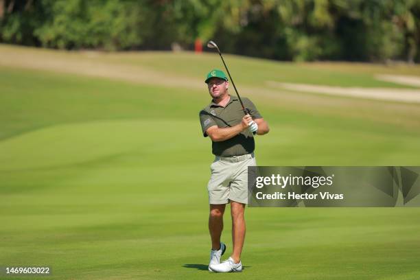 Graeme McDowell of Cleeks GC plays his second shot on the 11th hole during day two of the LIV Golf Invitational - Mayakoba at El Camaleon at Mayakoba...