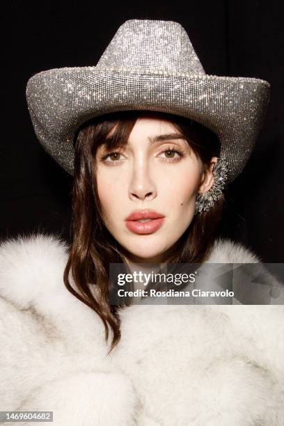 Teddy Quinlivan poses backstage at the Philipp Plein fashion show during the Milan Fashion Week Womenswear Fall/Winter 2023/2024 on February 25, 2023...