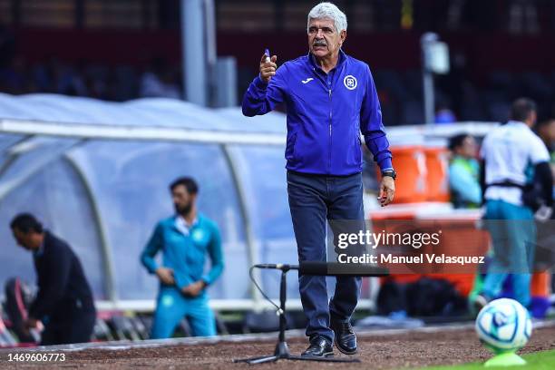 Ricardo Ferretti, coach of Cruz Azul gestures during a 9th round match between Cruz Azul and FC Juarez as part of Torneo Clausura 2023 Liga MX at...