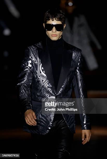 Model walks the runway at the Philipp Plein show during the Milan Fashion Week Womenswear Fall/Winter 2023/2024 on February 25, 2023 in Milan, Italy.