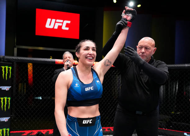 Tatiana Suarez reacts after her submission victory over Montana De La Rosa in a flyweight fight during the UFC Fight Night event at UFC APEX on...
