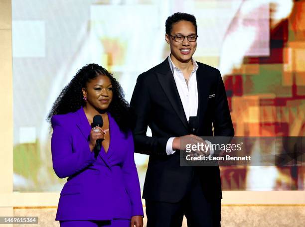 Cherelle Griner and Brittney Griner speak onstage during the 54th NAACP Image Awards at Pasadena Civic Auditorium on February 25, 2023 in Pasadena,...