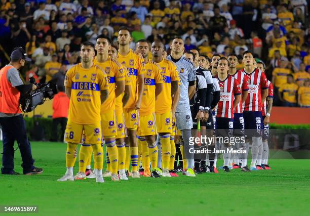 Players of Tigres and Chivas line up prior to the 9th round match between Tigres UANL and Chivas as part of the Torneo Clausura 2023 Liga MX at...